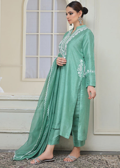 Sage green embroidered semi formal front view

