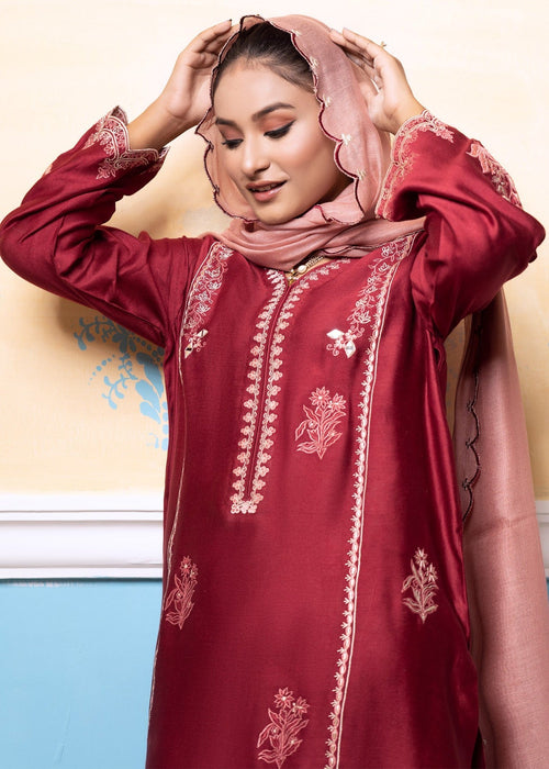 Maroon embroidered semi formals with pink dupatta


