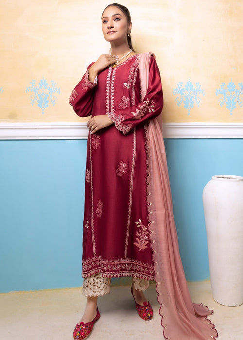 Maroon embroidered semi formals with pink dupatta

