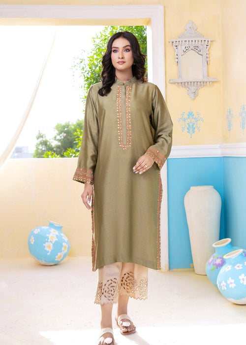 Mehndi green embroidered semi formals front view

