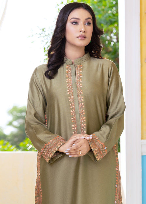 Mehndi green embroidered semi formals front view

