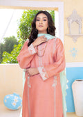 Close-up of embroidered daman and sleeves on peach semi formal outfit