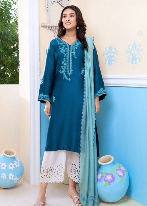 Embroidered semi formals featuring raw silk pants

