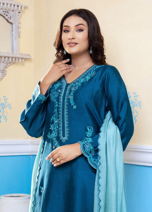 Teal embroidered semi formals full front view

