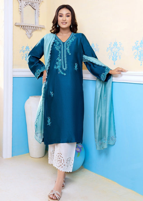 Teal embroidered semi formals full front view

