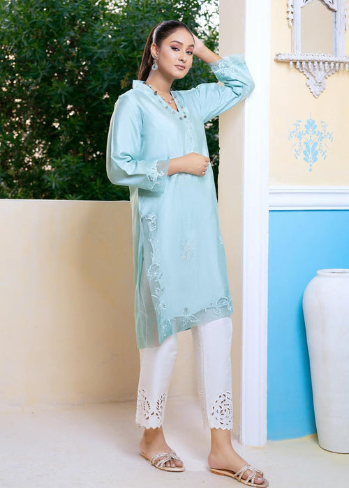 Turquoise khadi silk shirt with embroidery and cutwork – semi formals