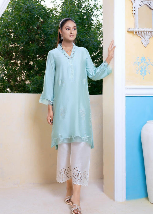 Turquoise khadi silk shirt with embroidery and cutwork – semi formals