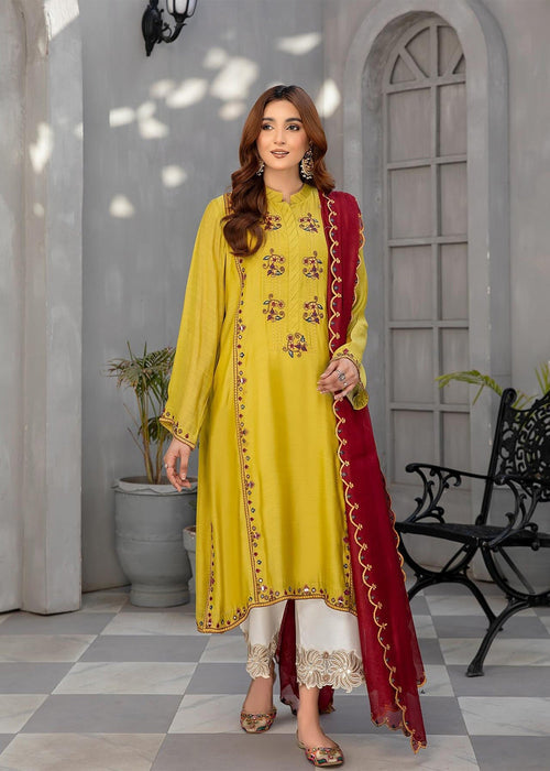 Mustard embroidered semi formals with maroon dupatta

