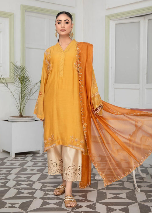 Citrine embroidered semi formals with scalloped finish


