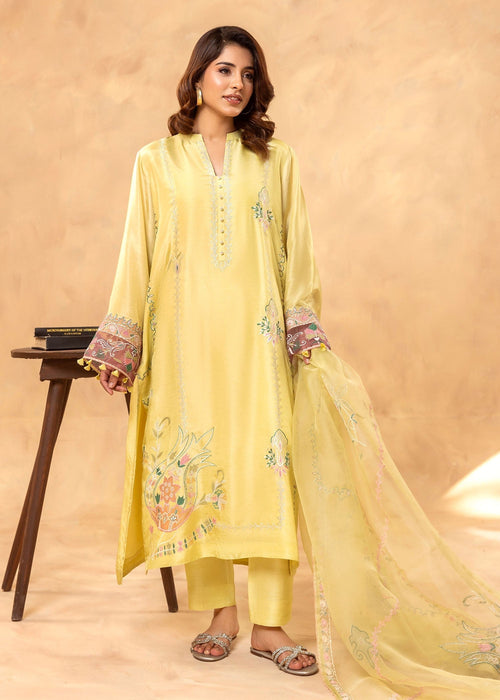 Yellow embroidered semi formal tussar silk shirt

