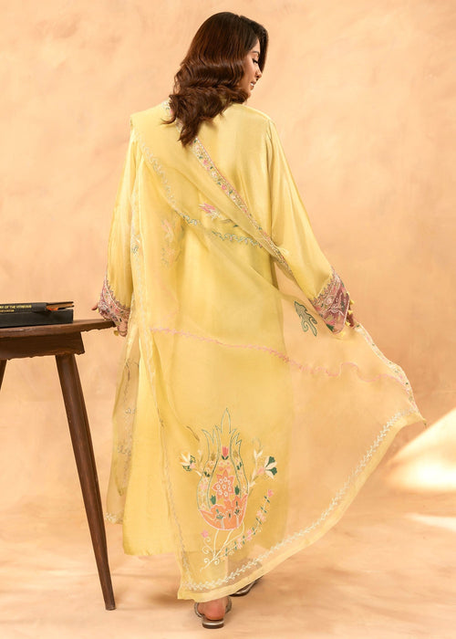 Yellow embroidered semi formal tussar silk shirt

