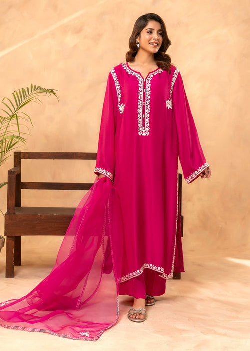 Shocking pink embroidered semi formal silk shirt

