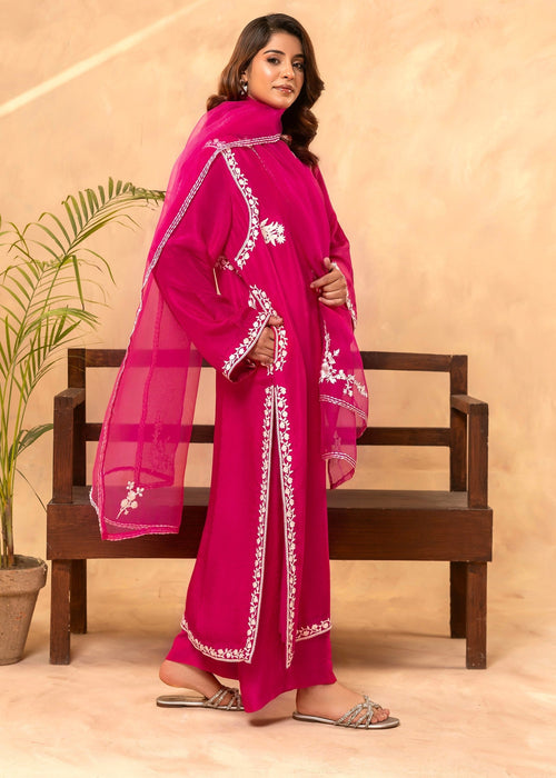 Shocking pink embroidered semi formal silk shirt

