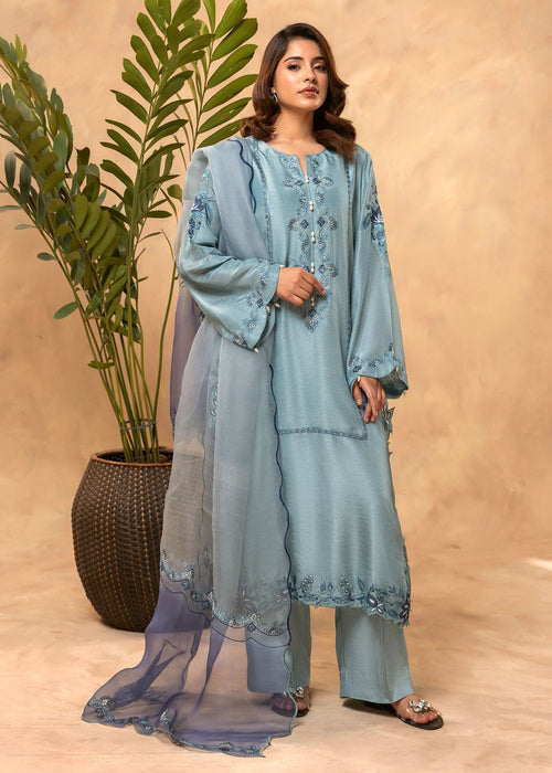 Ice blue embroidered semi formal silk shirt
