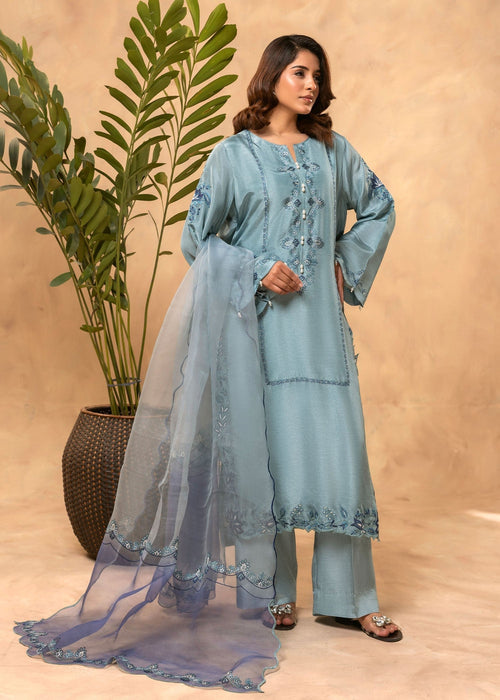 Ice blue embroidered semi formal silk shirt