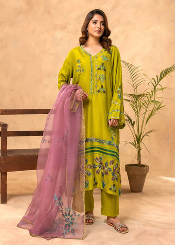 Close-up applique embroidery on green formal shirt

