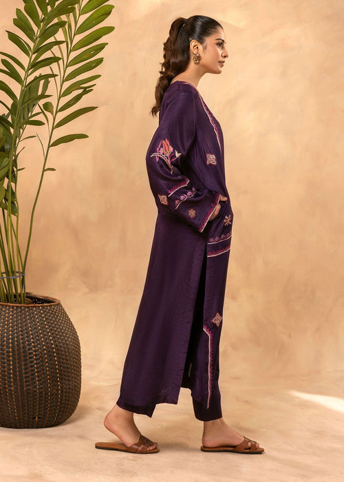 Purple embroidered semi formal tussar silk kurta

