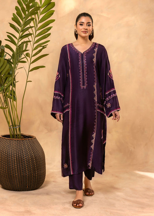 Purple embroidered semi formal tussar silk kurta

