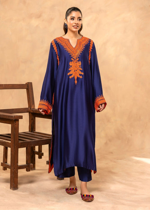 Ink blue embroidered semi formal khadi silk shirt

