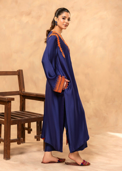 Ink blue embroidered semi formal khadi silk shirt

