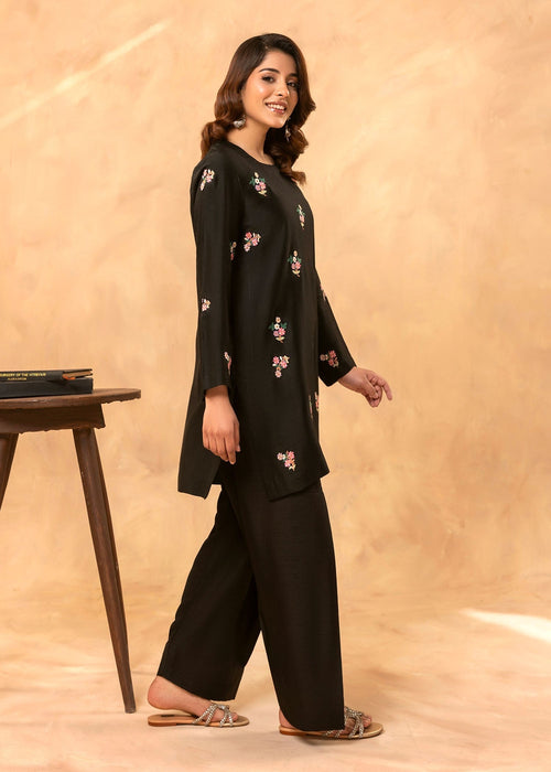 Black embroidered semi formal kurti with florals

