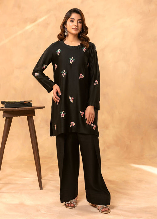 Black embroidered semi formal kurti with florals

