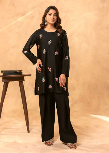 Black embroidered semi formal kurti with florals


