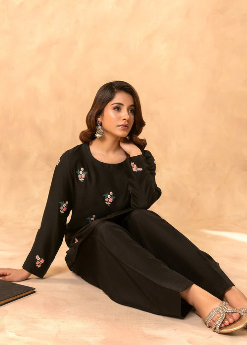 Multicolored floral embroidery on short kurti


