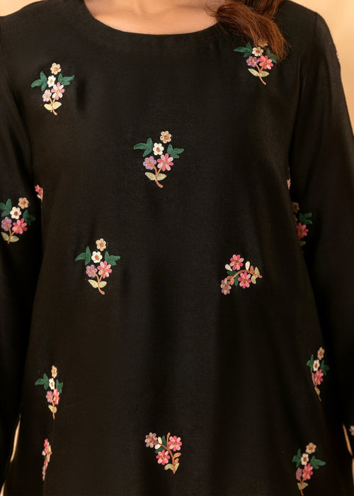 Side view of floral embroidered semi formal dress

