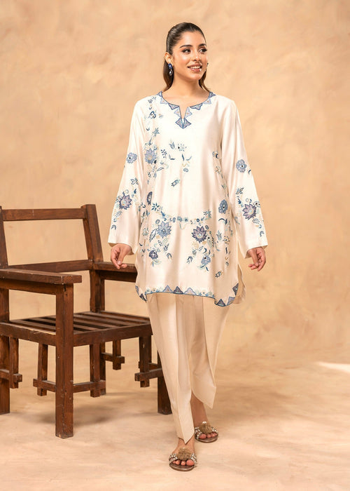 Offwhite embroidered semi formal khadi silk kurti

