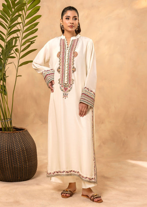 Offwhite embroidered semi formal raw silk kurta

