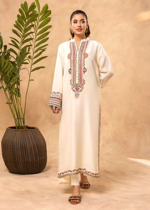 Offwhite embroidered semi formal raw silk kurta

