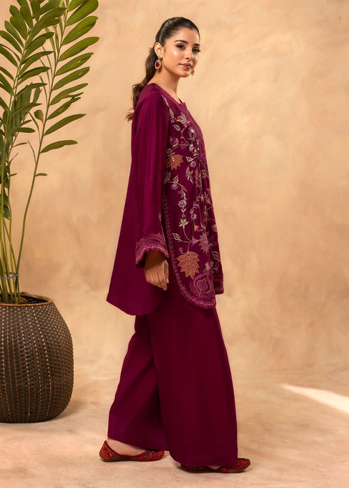 Burgundy embroidered semi formal short kurti


