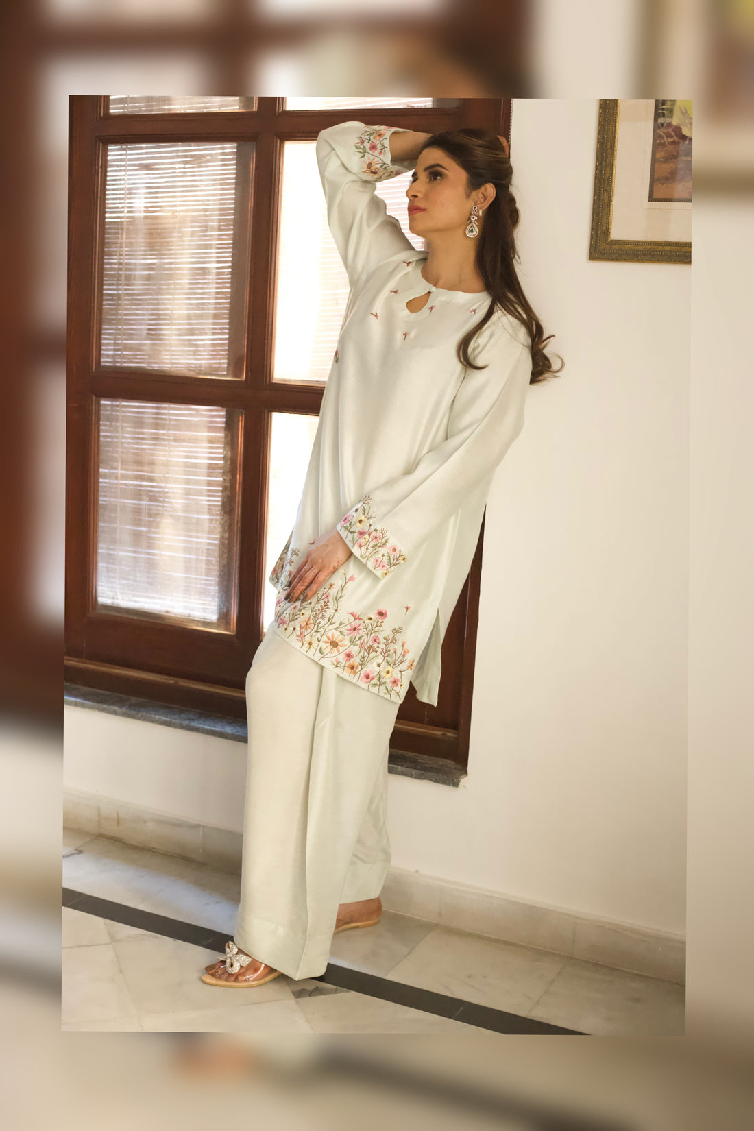 Front view of mint embroidered semi formal outfit

