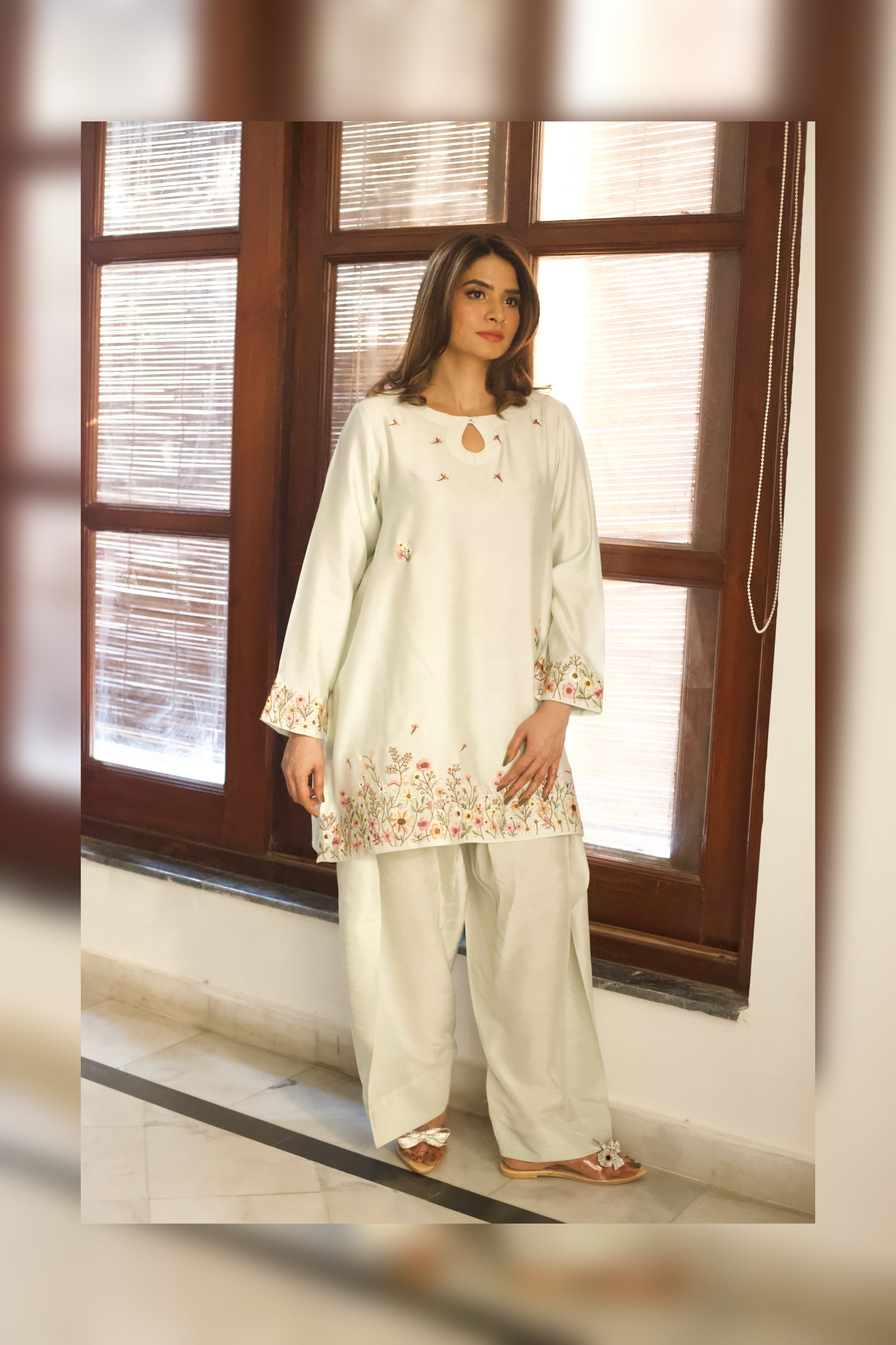 Model in Blossom outfit with farshi shalwar

