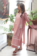 Front view of tea pink embroidered semi formal outfit