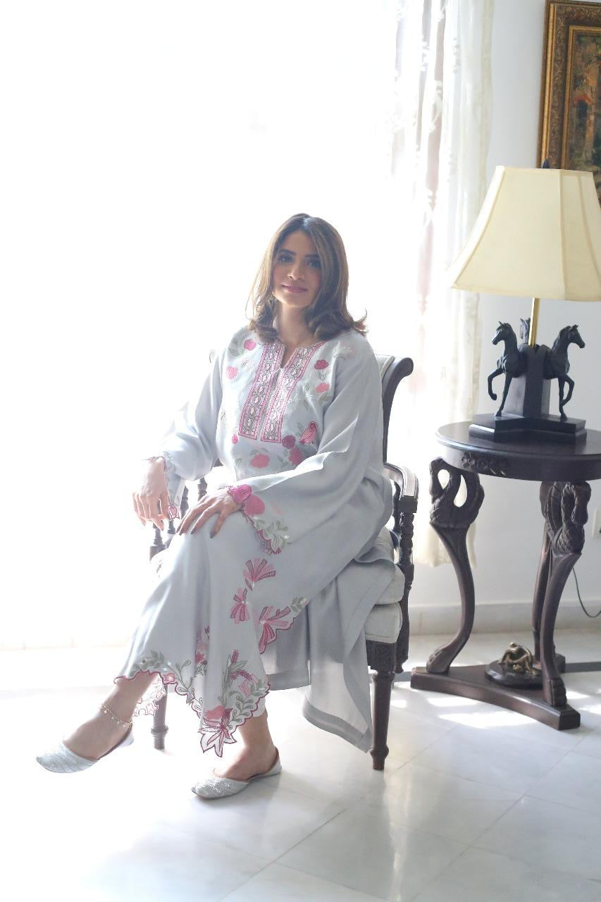 Sheesha work izzar pants paired with grey semi formal kurta