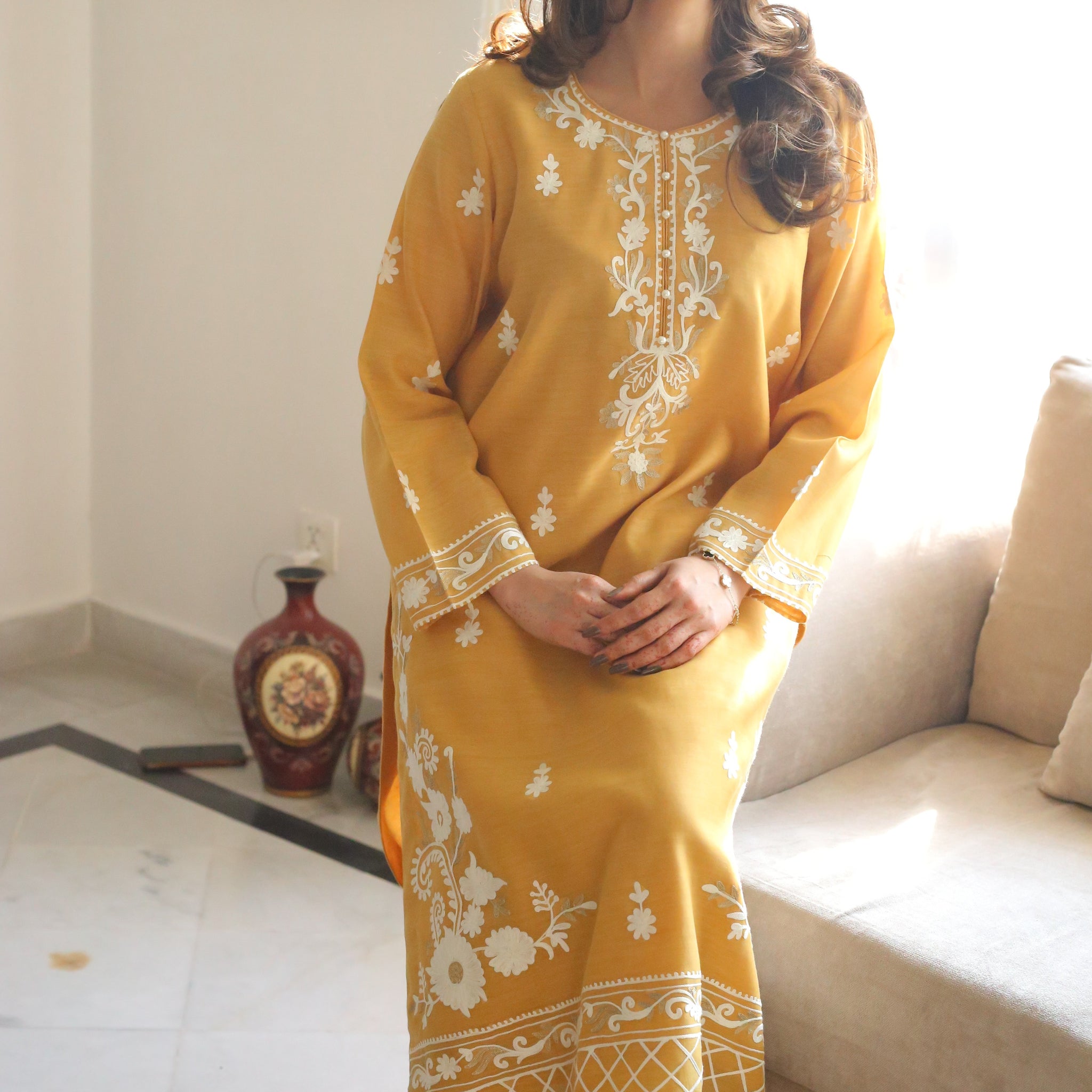 Mustard embroidered semi formal kurta front view