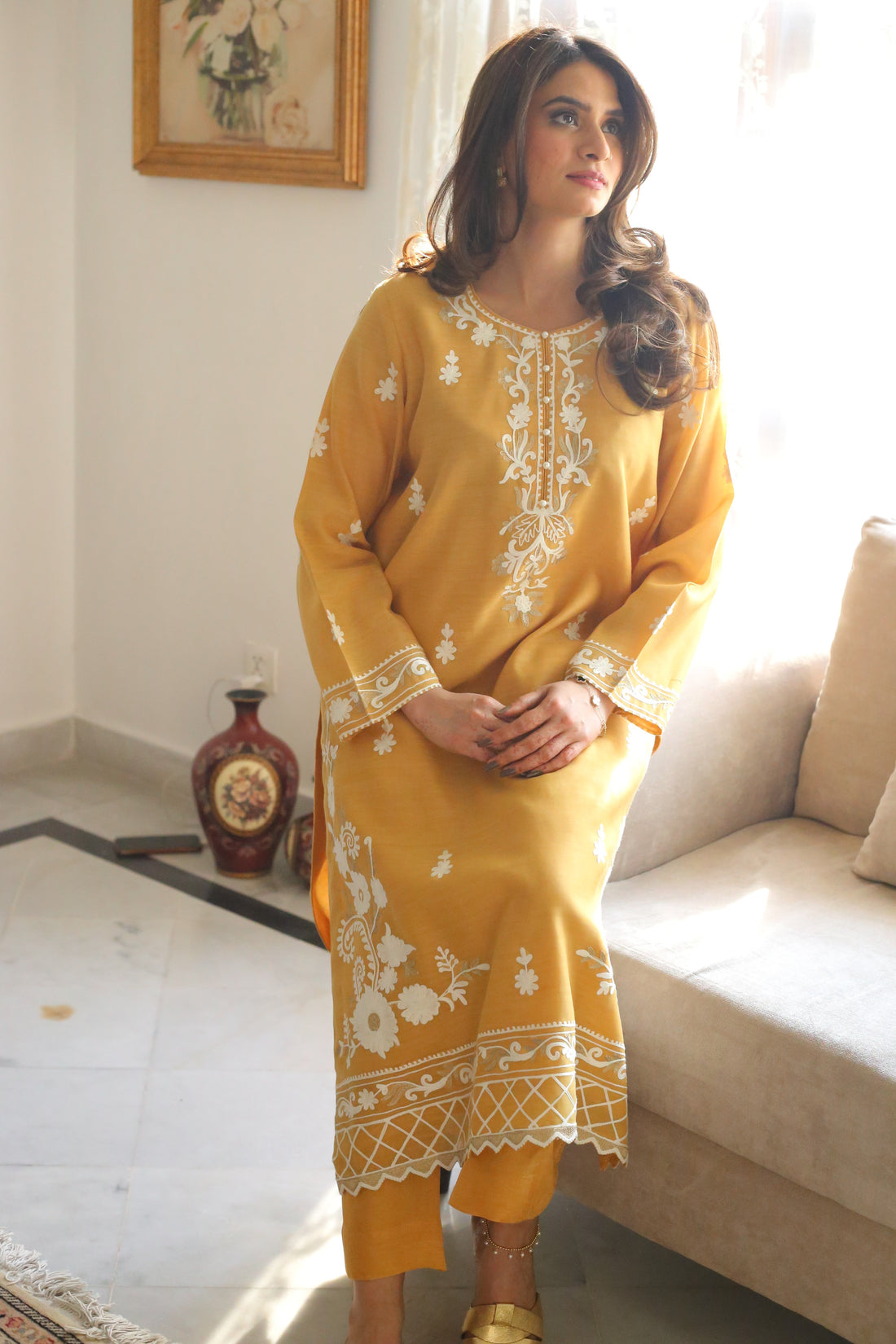 Mustard embroidered semi formal kurta front view
