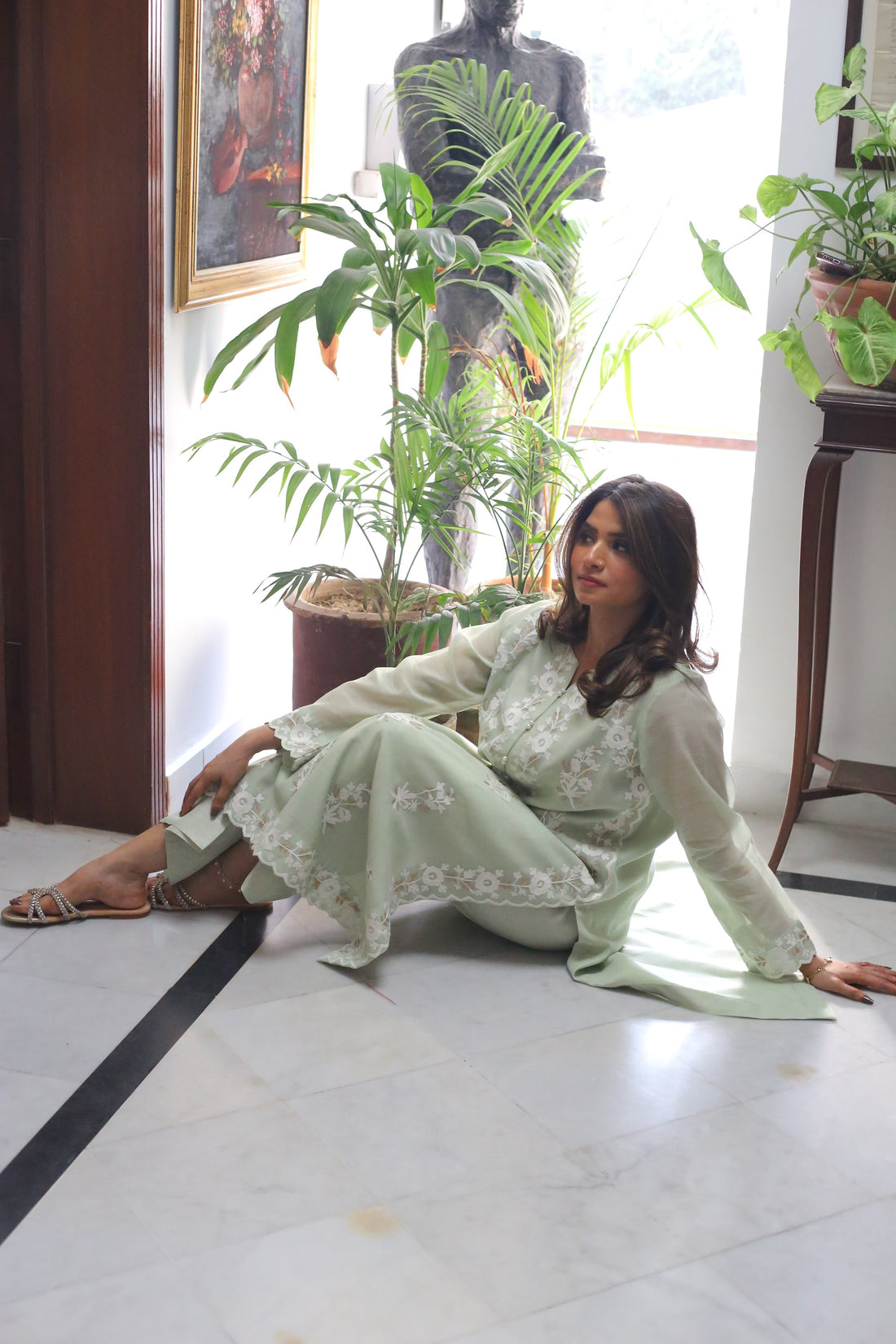 Pastel green embroidered semi formal kurta front view
