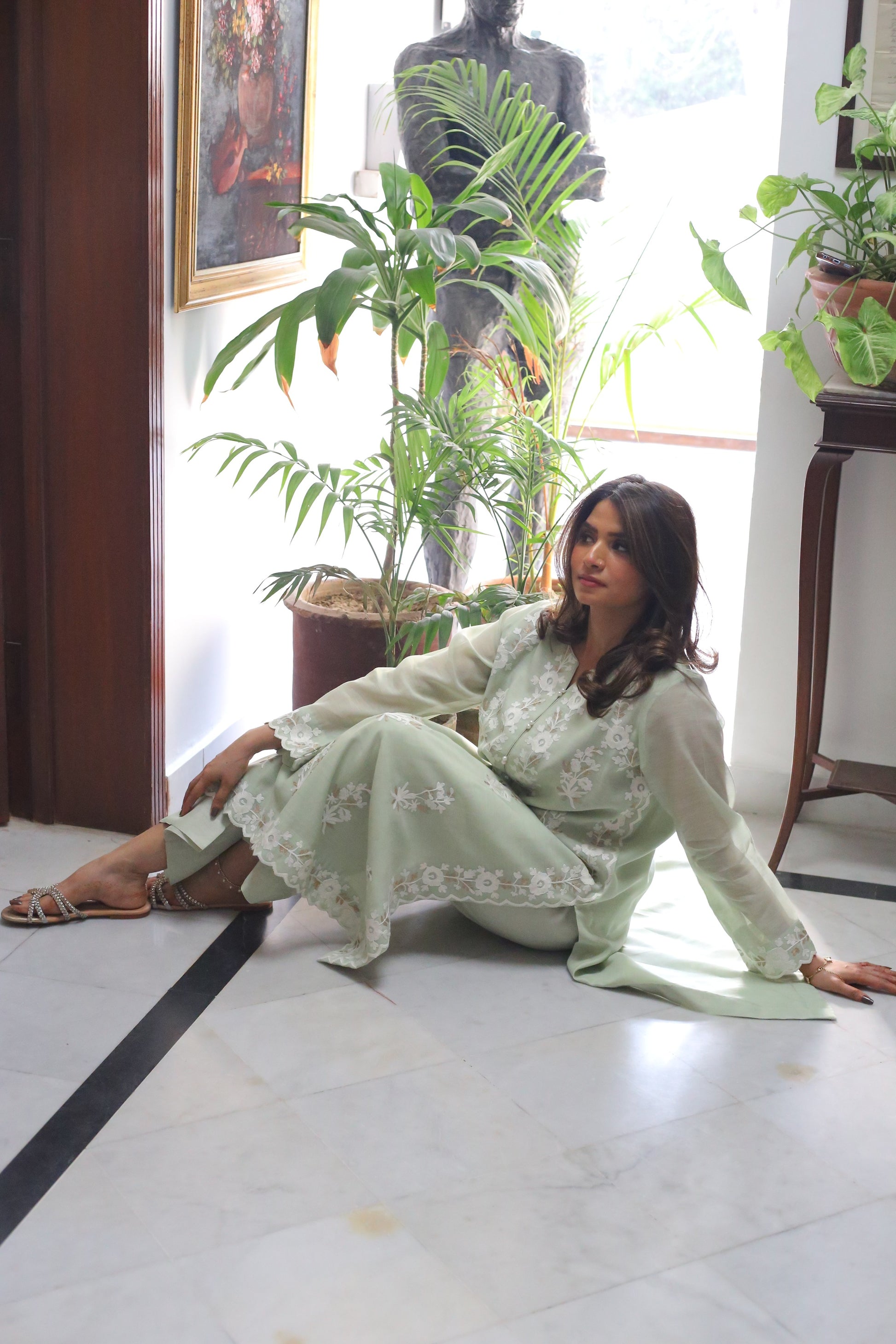 Elegant scalloped hem on embroidered semi formal outfit