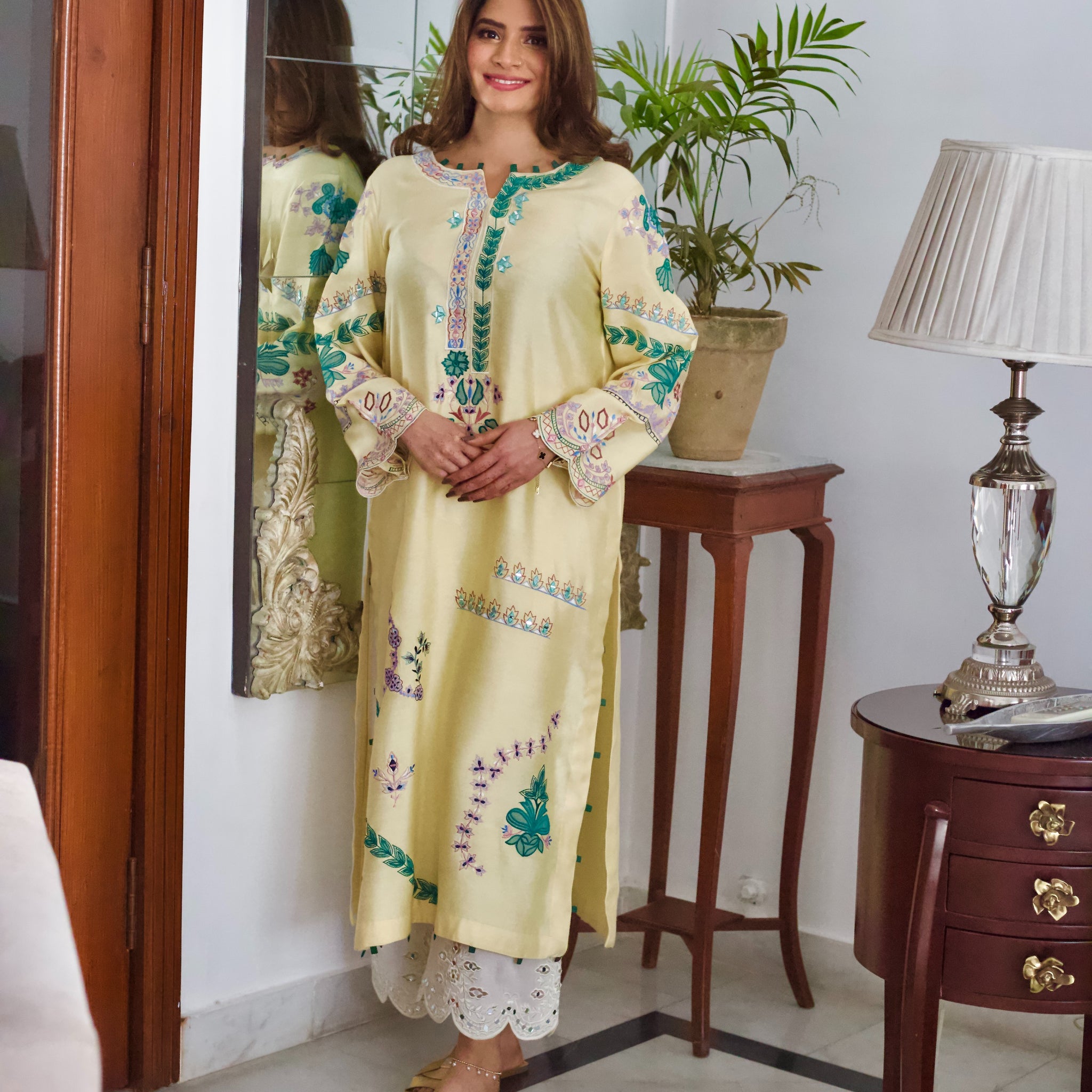 Lemon yellow embroidered semi formal kurta with floral accents
