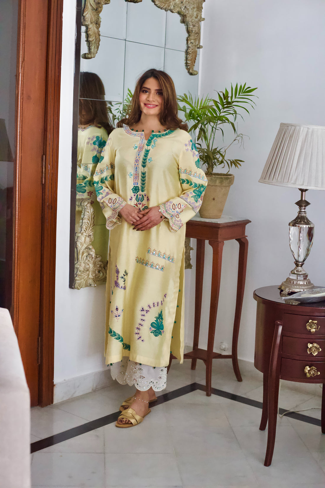 Lemon yellow embroidered semi formal kurta with floral accents
