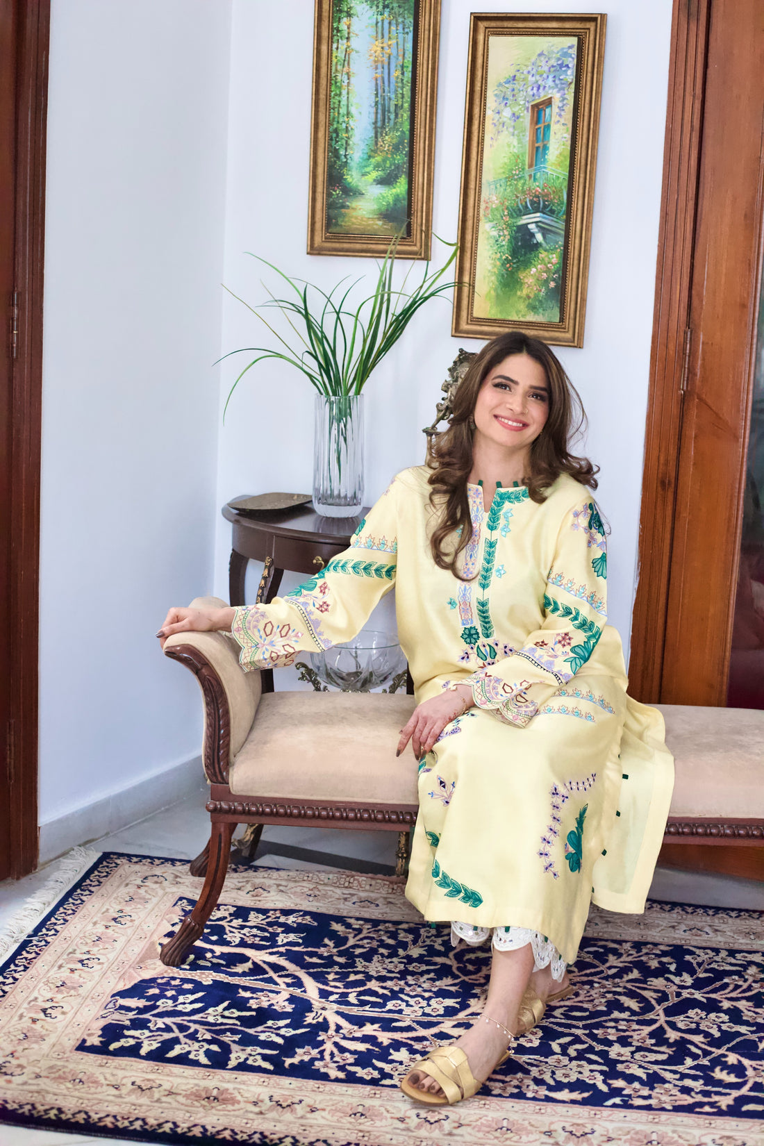 Lemon yellow embroidered semi formal kurta with floral accents