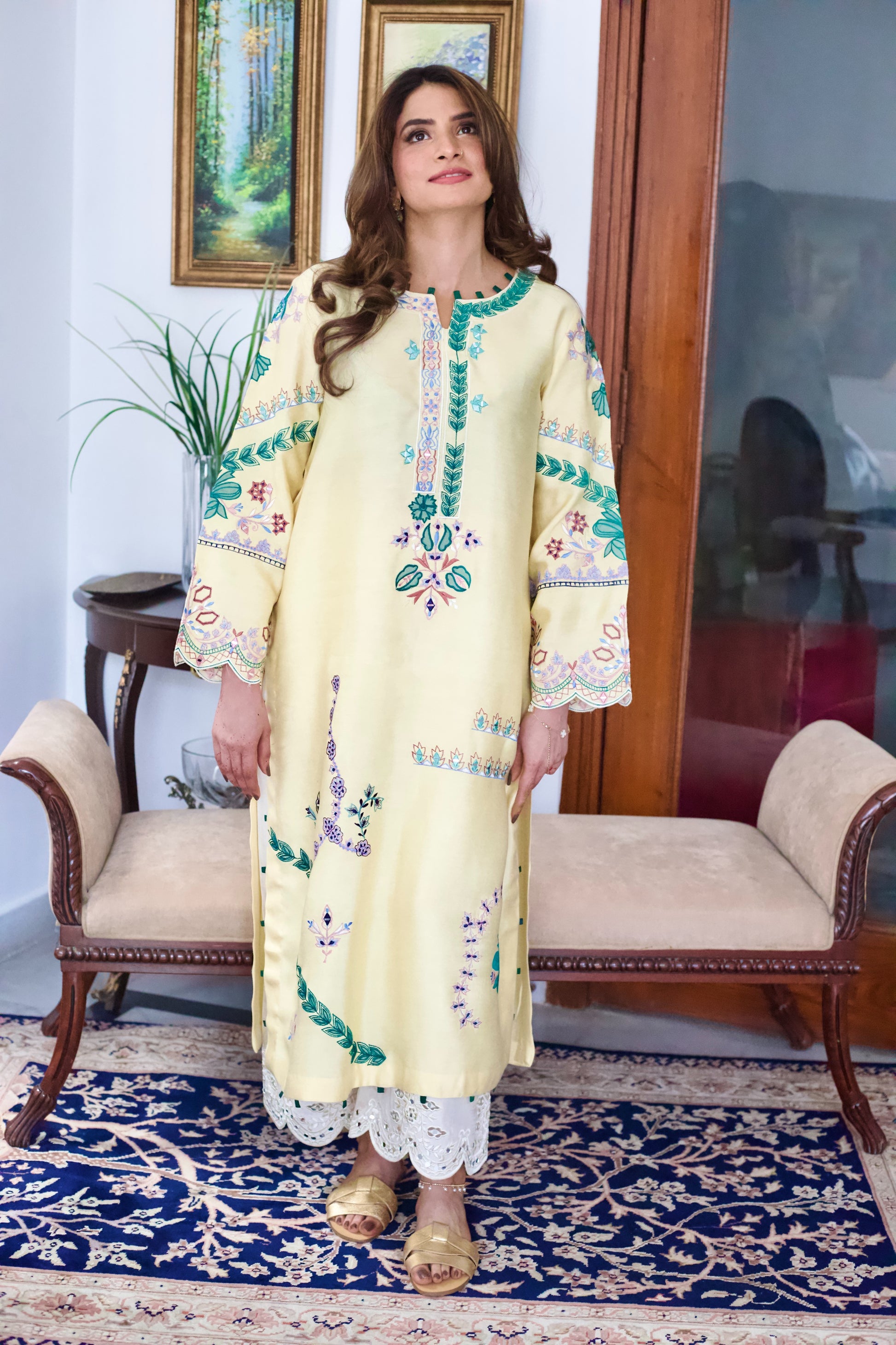 Full outfit view of embroidered semi formals with izzars
