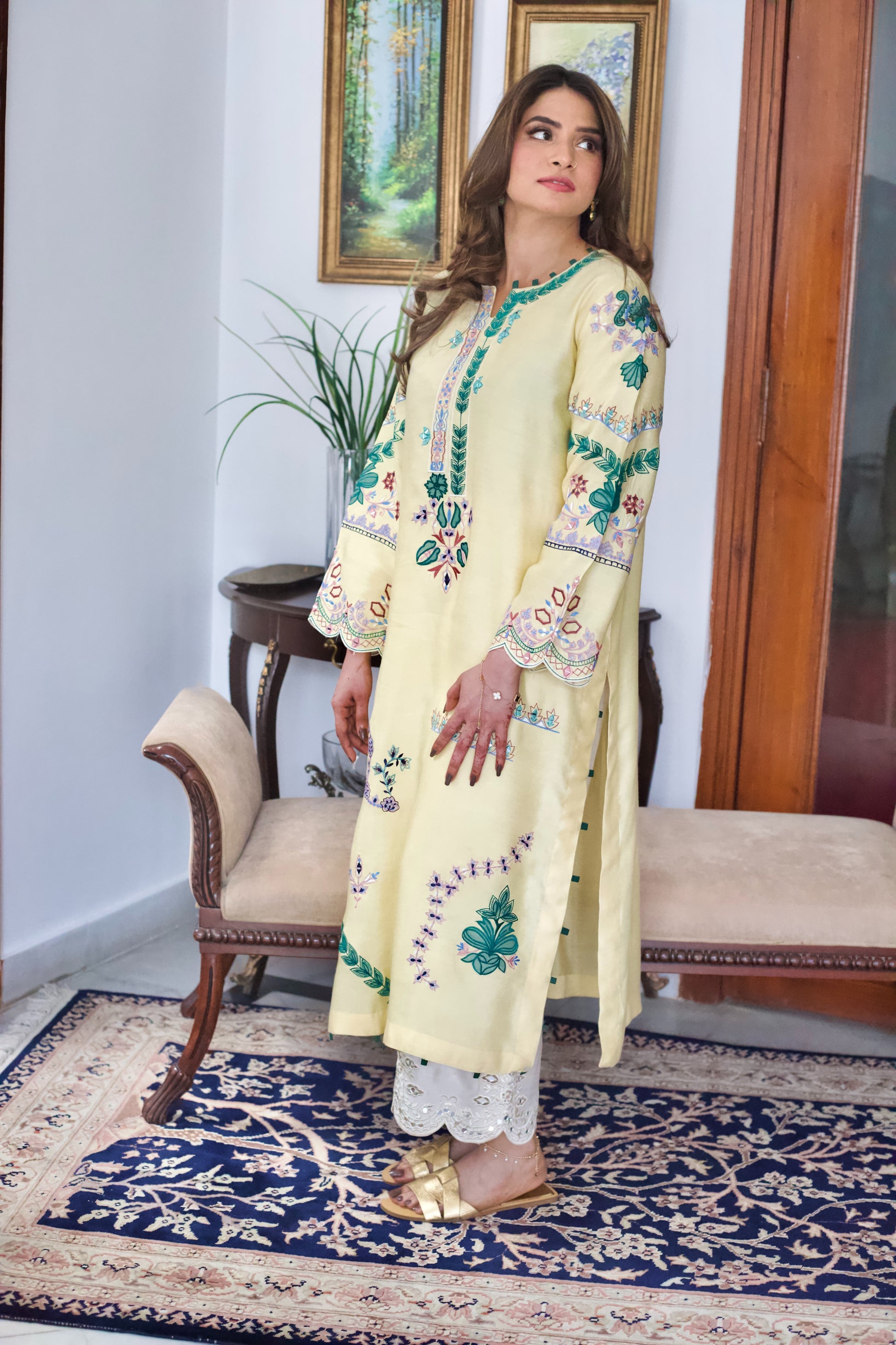 Close-up of geometric embroidery and sheesha work