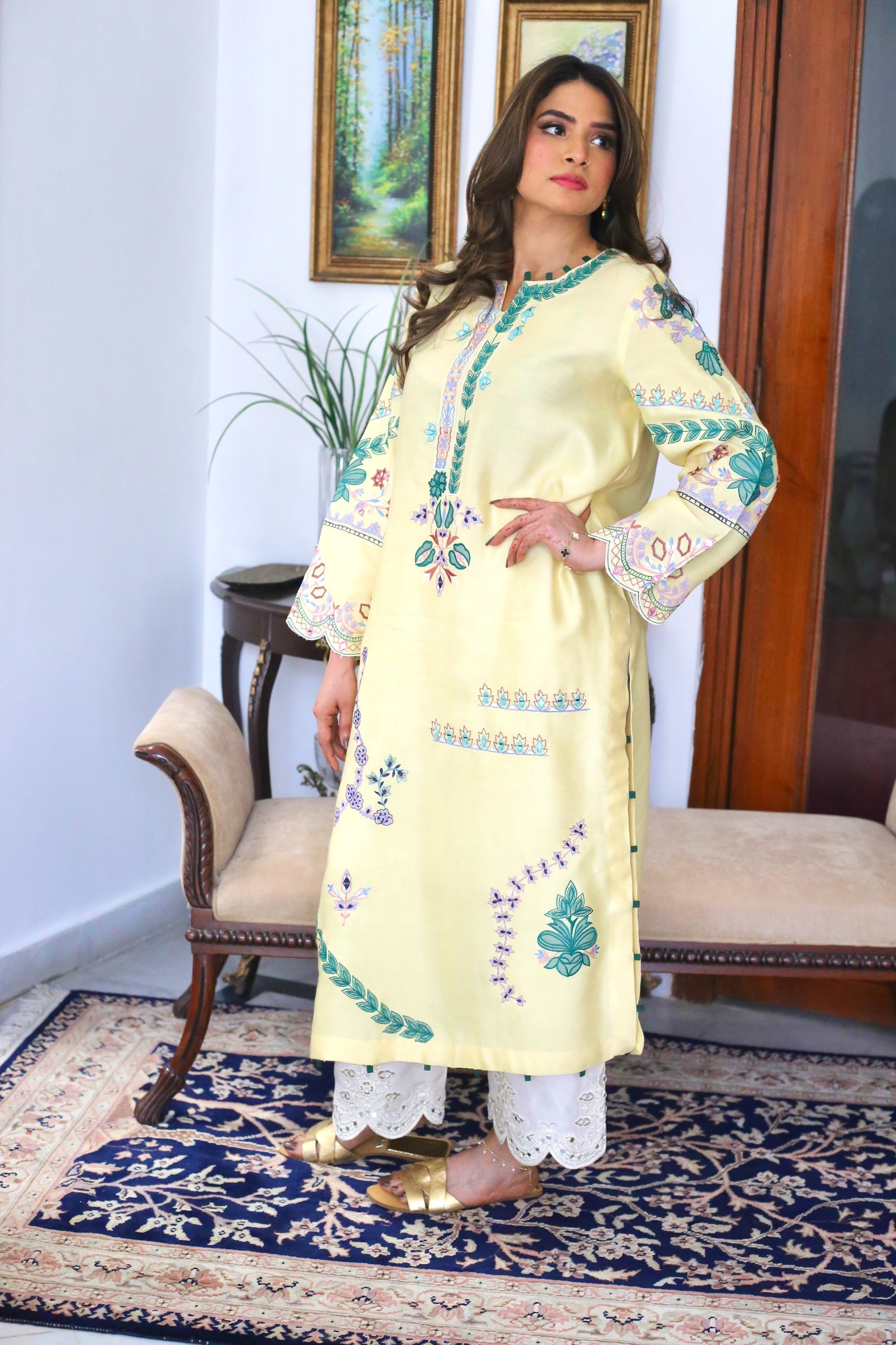 White izzars with sheesha work paired with semi formal kurta