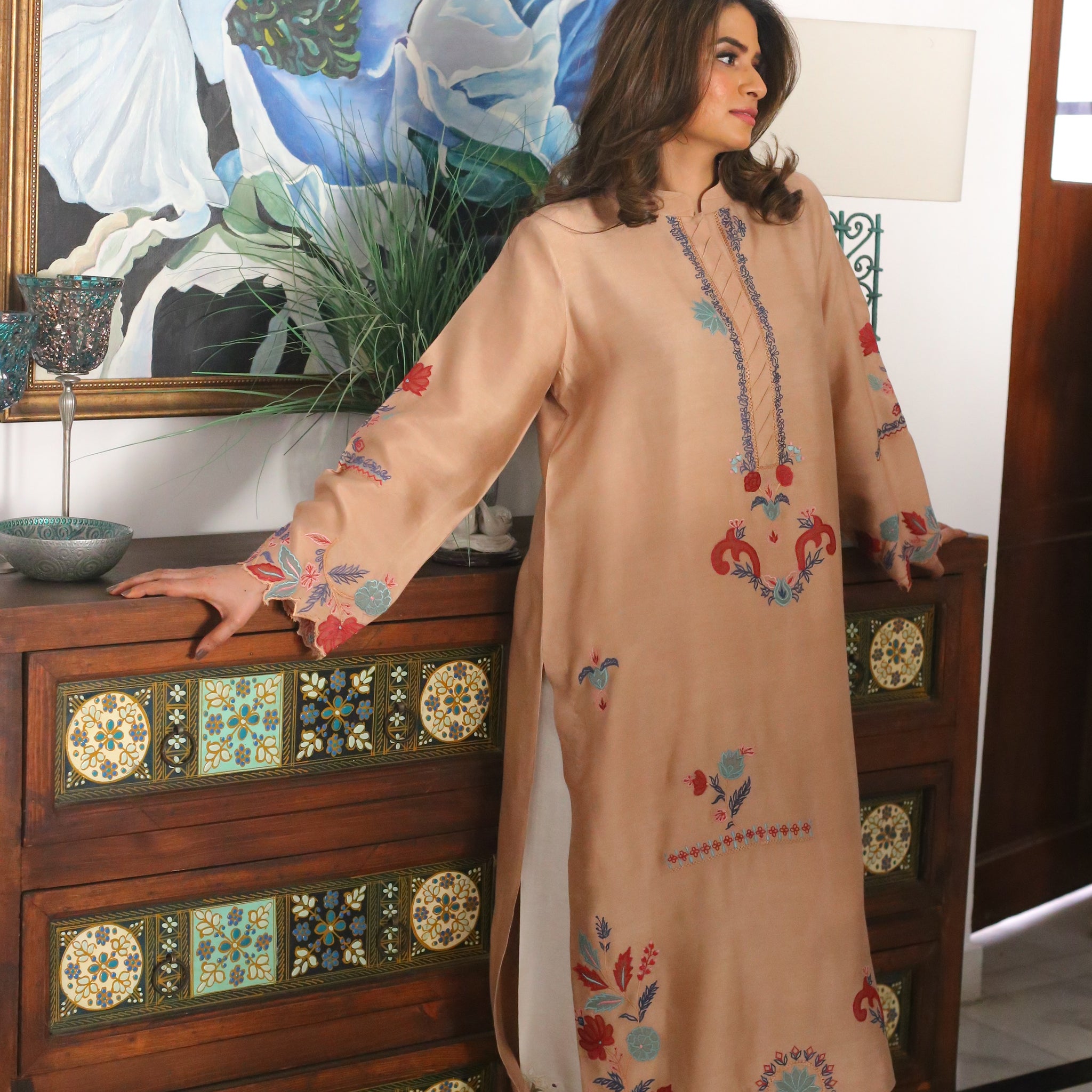 Golden brown embroidered semi formal kurta with colorful accents