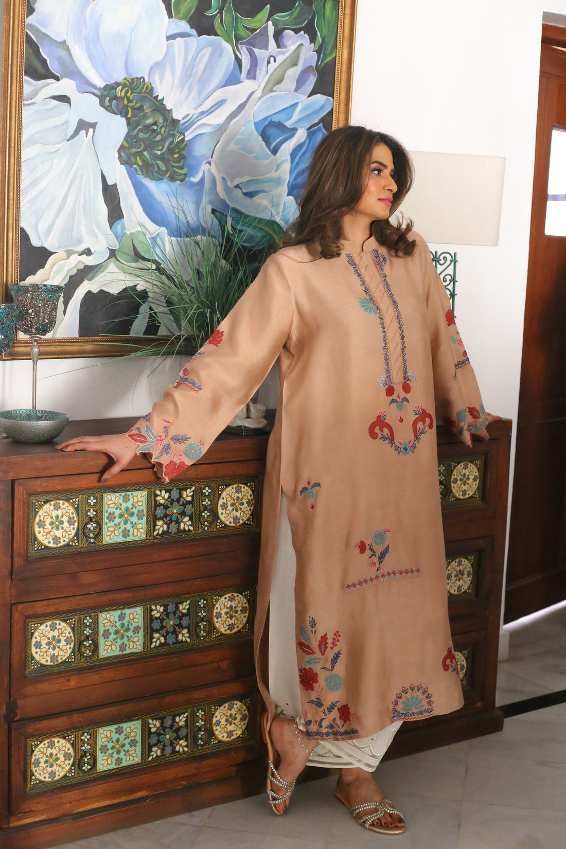 Golden brown embroidered semi formal kurta with colorful accents
