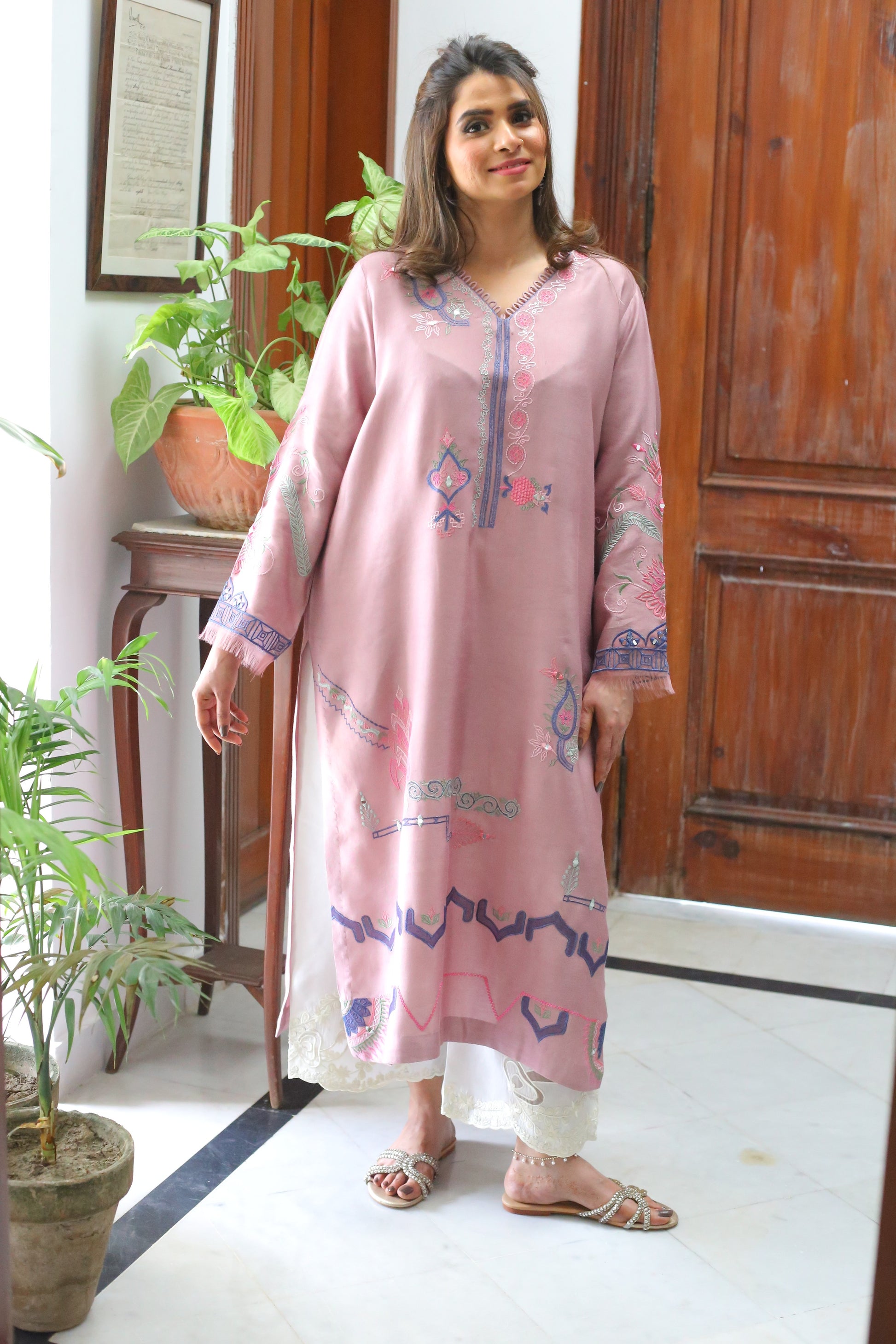 Embroidered semi formal kurta paired with cutwork izzar pants